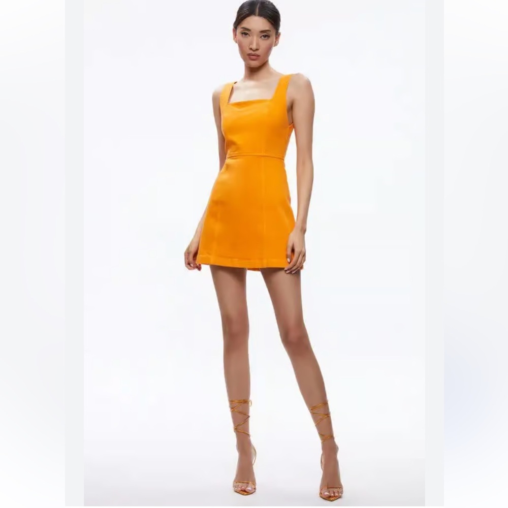 Alice + Olivia Ramsey square neck A-line mini dress in orange stretch denim - Picture 1 of 3